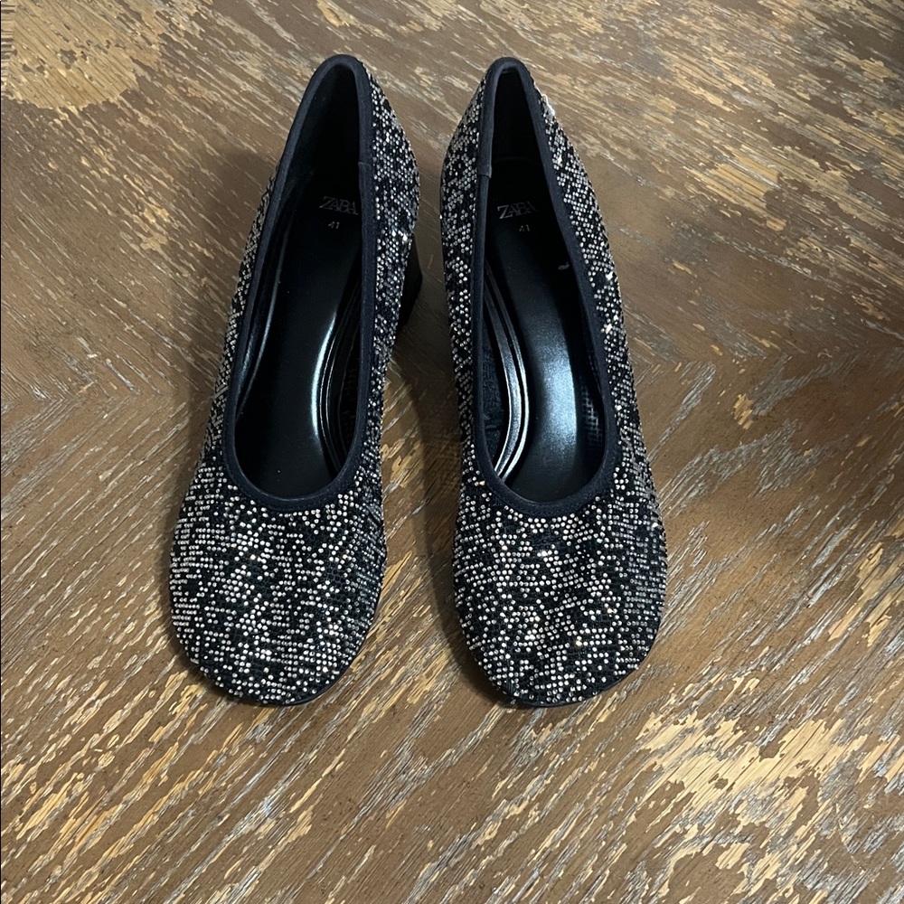 Zara Black Ballet Flats with Silver Embellishments